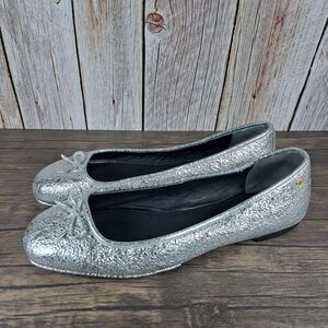 Tory Burch Laila 2 Driver Ballet Flats Crinkle Metallic Silver Women's Sz 8 M